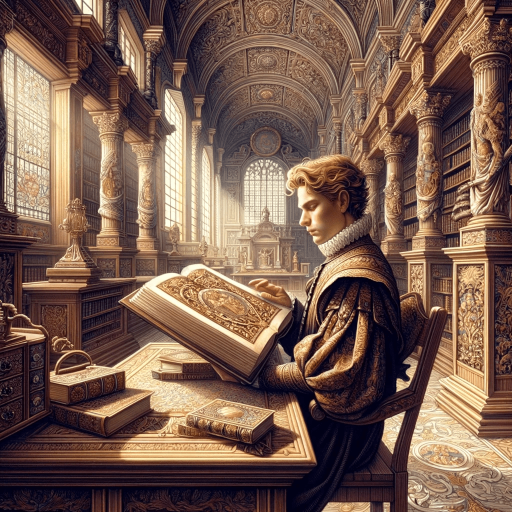 Persona leyendo un libro al estilo del Renacimiento
